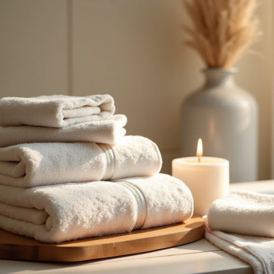 Rolled hand towels in a tray
